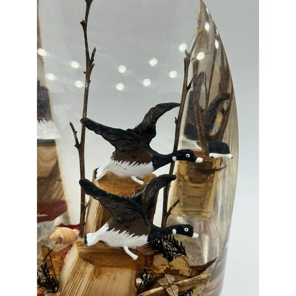 Vintage Large Lucite Carved Canadian Geese Diorama Display Paperweight 1980s